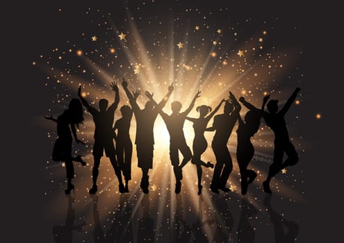 Silhouette of a party crowd on a starburst background