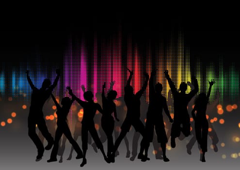 Silhouette of a party crowd on graphic equaliser design