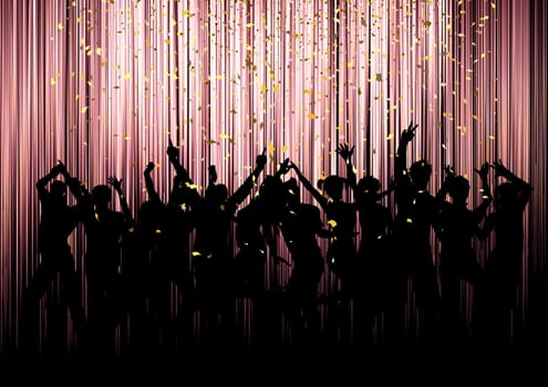 Silhouette of a party crowd on a confetti background