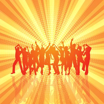 Silhouette of a party crowd on a retro starburst background