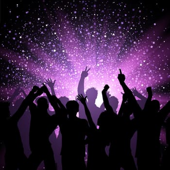 Silhouette of a party crowd on purple stars background