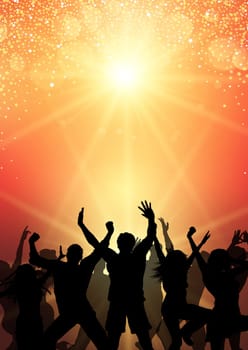 Silhouette of a party crowd on a sunburst background