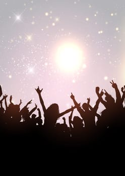 Silhouette of a party crowd on a silvery glittery background