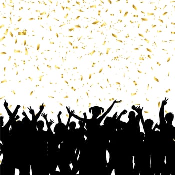 Silhouette of a party crowd on a gold confetti background