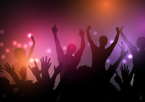 Silhouette of a party crowd on a disco lights background
