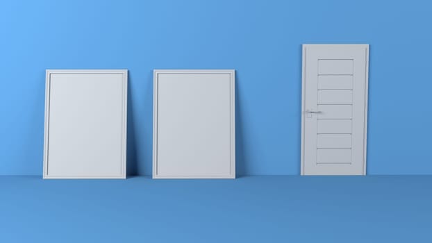 Render of 3D Blank Picture Frames on Empty Wall