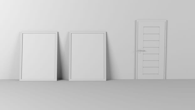Render of 3D Blank Picture Frames on Empty Wall