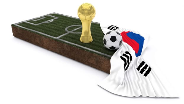 3D Render of Soccer Bal and trophyl on Grass Patch with flag