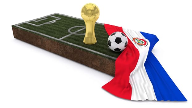 3D Render of Soccer Bal and trophyl on Grass Patch with flag