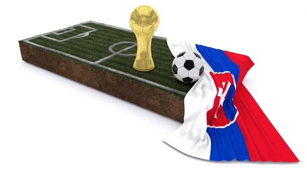 3D Render of Soccer Bal and trophyl on Grass Patch with flag
