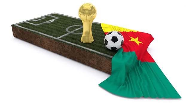 3D Render of Soccer Bal and trophyl on Grass Patch with flag