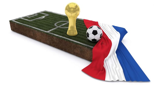 3D Render of Soccer Bal and trophyl on Grass Patch with flag