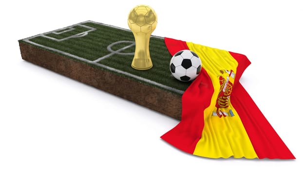 3D Render of Soccer Bal and trophyl on Grass Patch with flag