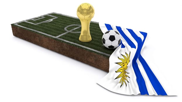 3D Render of Soccer Bal and trophyl on Grass Patch with flag