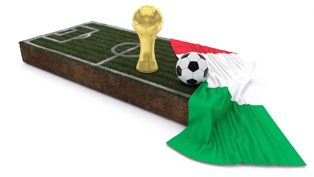 3D Render of Soccer Bal and trophyl on Grass Patch with flag