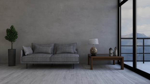 Render of 3D contemporary Living Room Interior and modern furniture