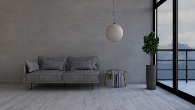 Render of 3D contemporary Living Room Interior and modern furniture