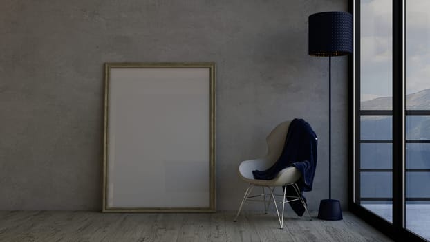 3D render of an empty room and picture frame