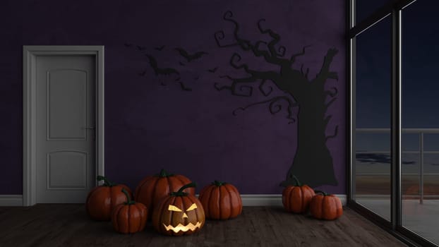 Render of 3D Contemporary Empty Room with Jack-o-lantern