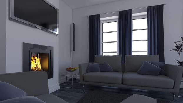 Render of 3D contemporary Living Room Interior and modern furniture