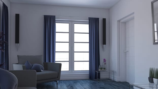 Render of 3D contemporary Living Room Interior and modern furniture