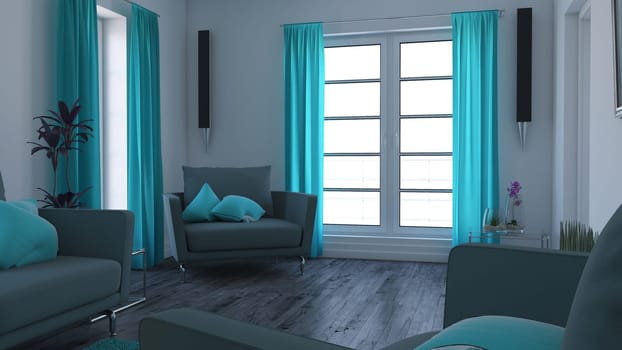 Render of 3D contemporary Living Room Interior and modern furniture