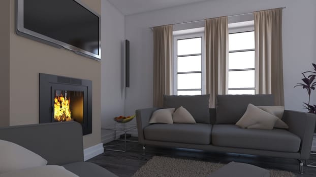 Render of 3D contemporary Living Room Interior and modern furniture