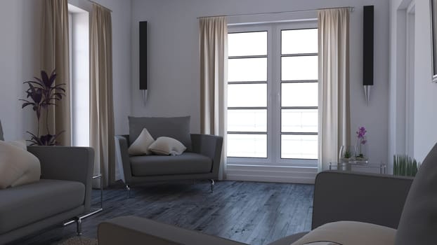 Render of 3D contemporary Living Room Interior and modern furniture