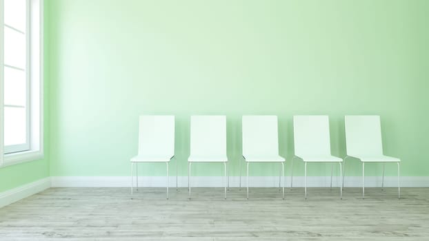3D render of a row of chairs in an empty room
