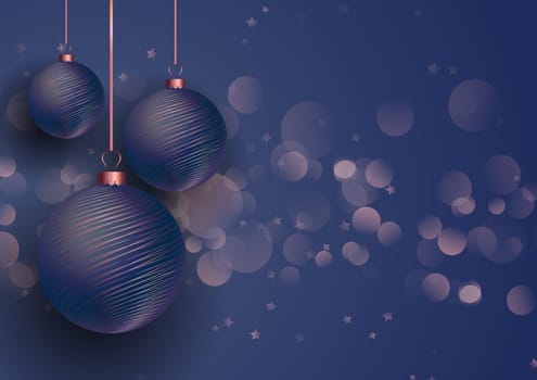 Christmas background with rose gold and blue hanging baubles