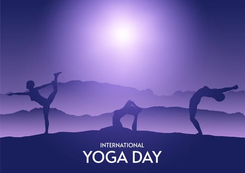 Silhouettes of females in yoga poses in sunset landscape