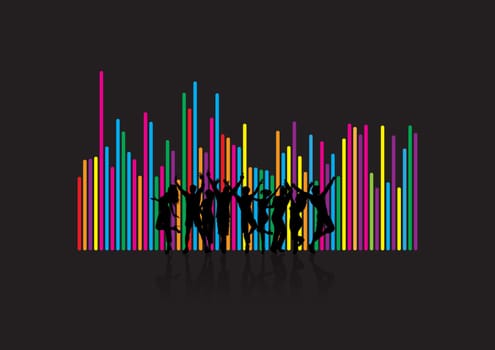 Silhouettes of people dancing on a soundwave background