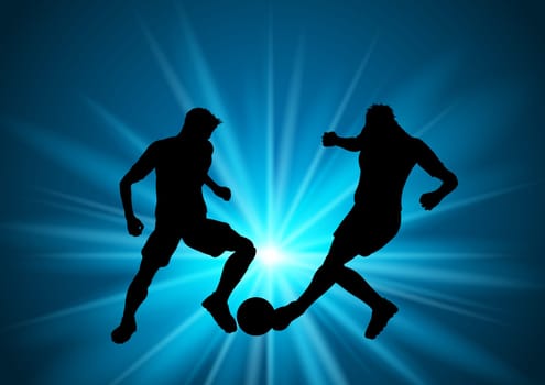 Silhouettes of football or soccer players on a starburst background