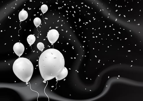 Silver balloons and confetti on an elegant black marble texture