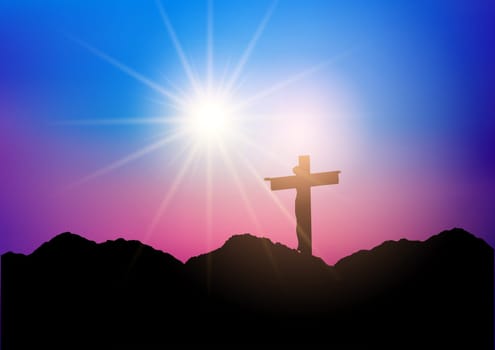 Silhouette of jesus on the cross against a sunset sky