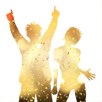Silhouette of a party couple on a gold confetti background