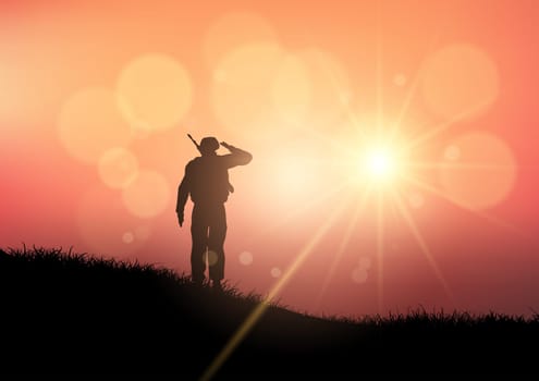 Silhouette of a soldier saluting at sunset