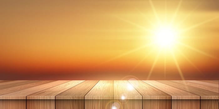Summer themed banner with a wooden table looking out to a sunset sky