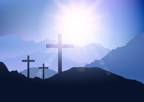 Easter background with silhouettes of crosses against a sunset sky
