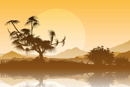 Sunset landscape with trees and mountains reflected in river
