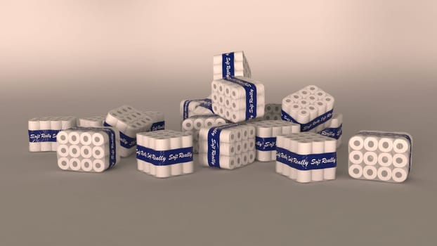 3d render of a bulk packets of shrink wrapped toilet rolls