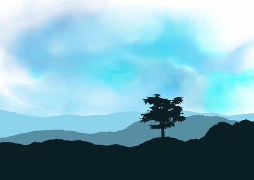 Silhouette of a tree landscape on a watercolour texture