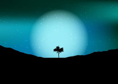 Silhouette of a tree against the moon in a night sky