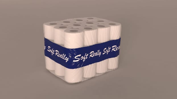 3d render of a bulk packet of shrink wrapped toilet rolls