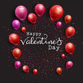 Valentine's Day background with balloons, decorative text and confetti