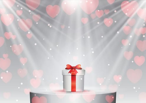 Valentines Day background with gift on a podium under spotlights