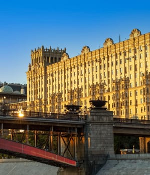 The exterior of residential Moscow houses and bridge in the downtown.