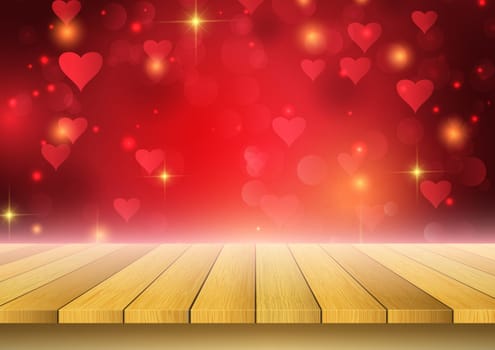 Valentine's Day background with wooden table looking out to a hearts design