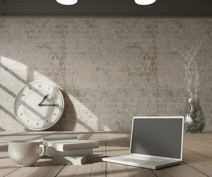 3d render of a white interior and computer