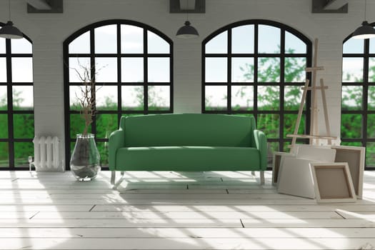 3d render of sofa in modern apartment setting